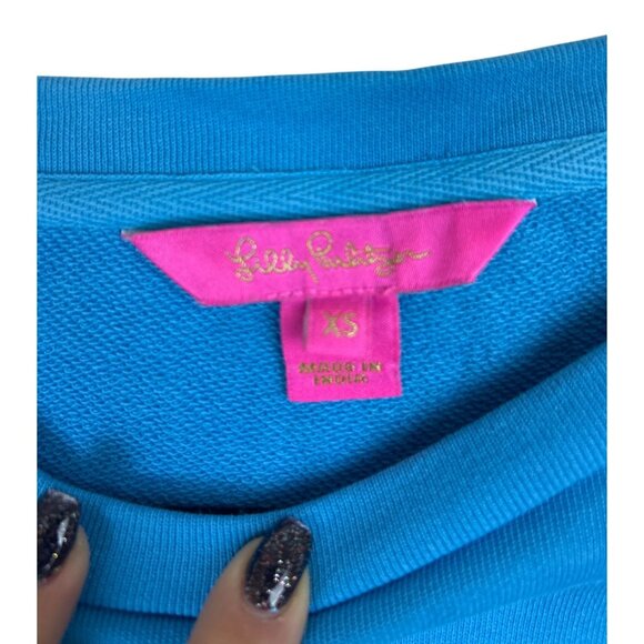 Lilly Pulitzer Women's XS Blue Pullover Sweatshirt Lace Crochet Sleeve Casual - Picture 4 of 12